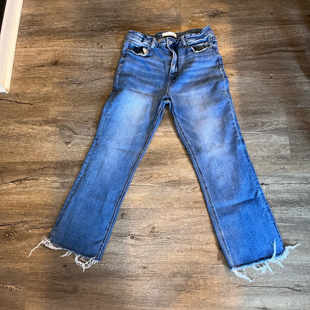 VERVET BY FLYING MONKEY Blue Boot Cut Jeans with Frayed Hem